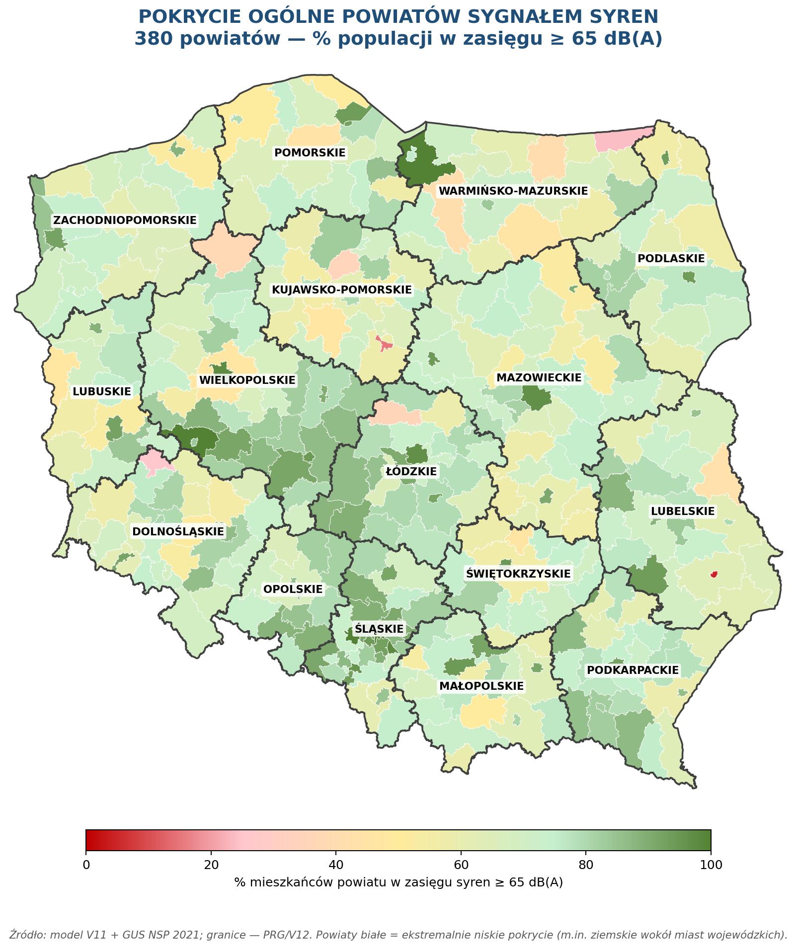 Mapa 3. Choropleth 380 powiatów — % populacji w zasięgu syren. Białe powiaty: ekstremalnie niskie pokrycie (głównie powiaty ziemskie wokół miast wojewódzkich).