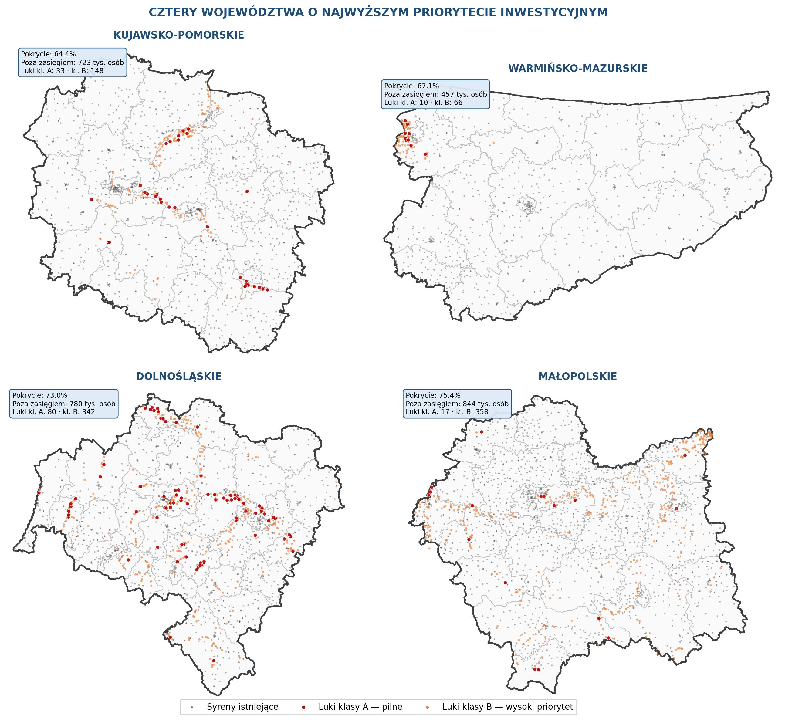 Mapa 8. Cztery województwa krytyczne — zoom regionalny z lukami klasy A i B na tle granic powiatów.