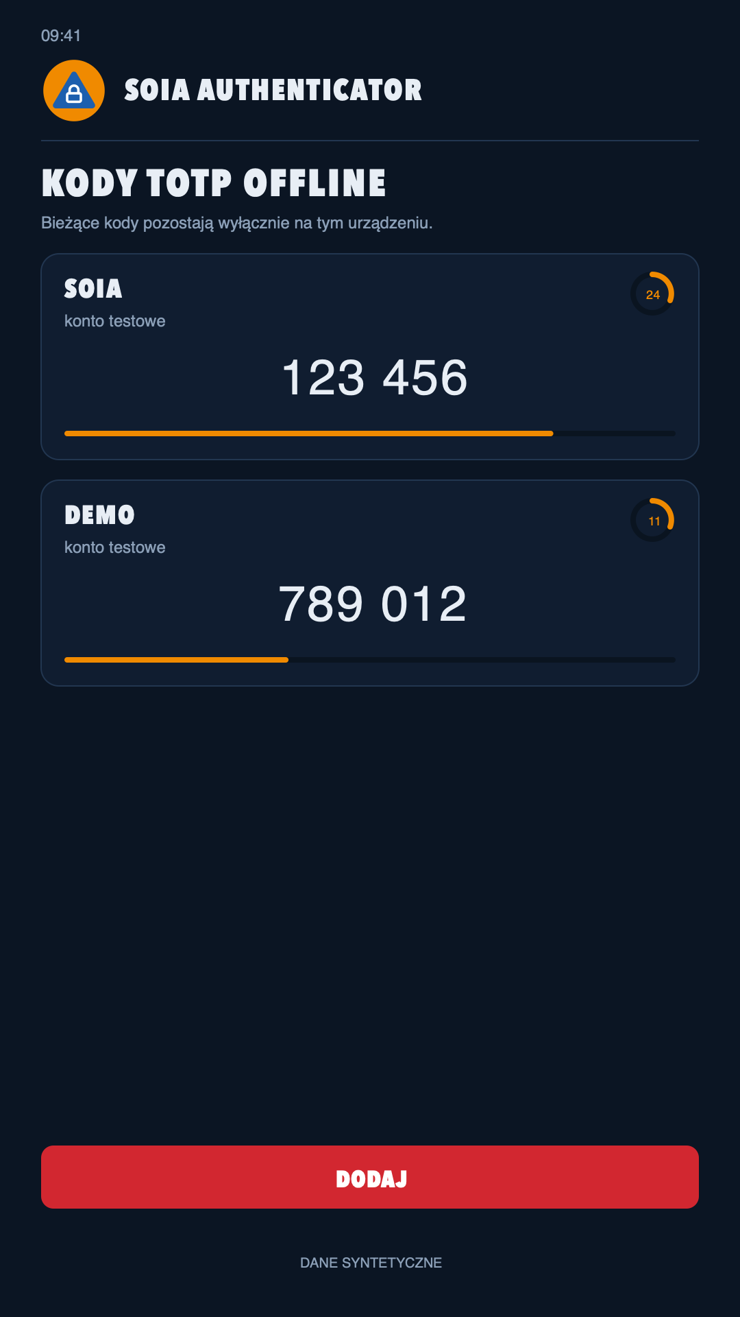 Ekran SOIA Authenticator z dwoma syntetycznymi kodami TOTP offline