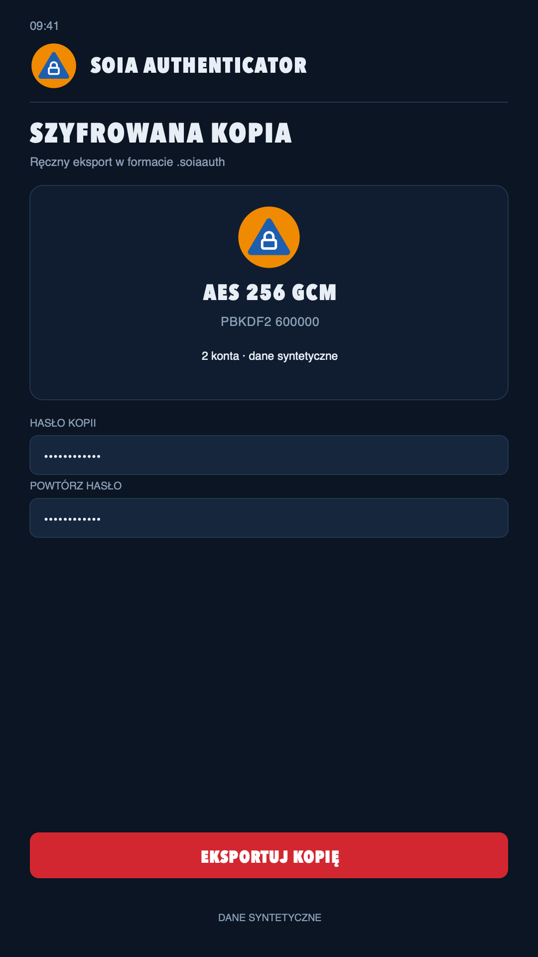 Ekran tworzenia szyfrowanej kopii SOIA Authenticator