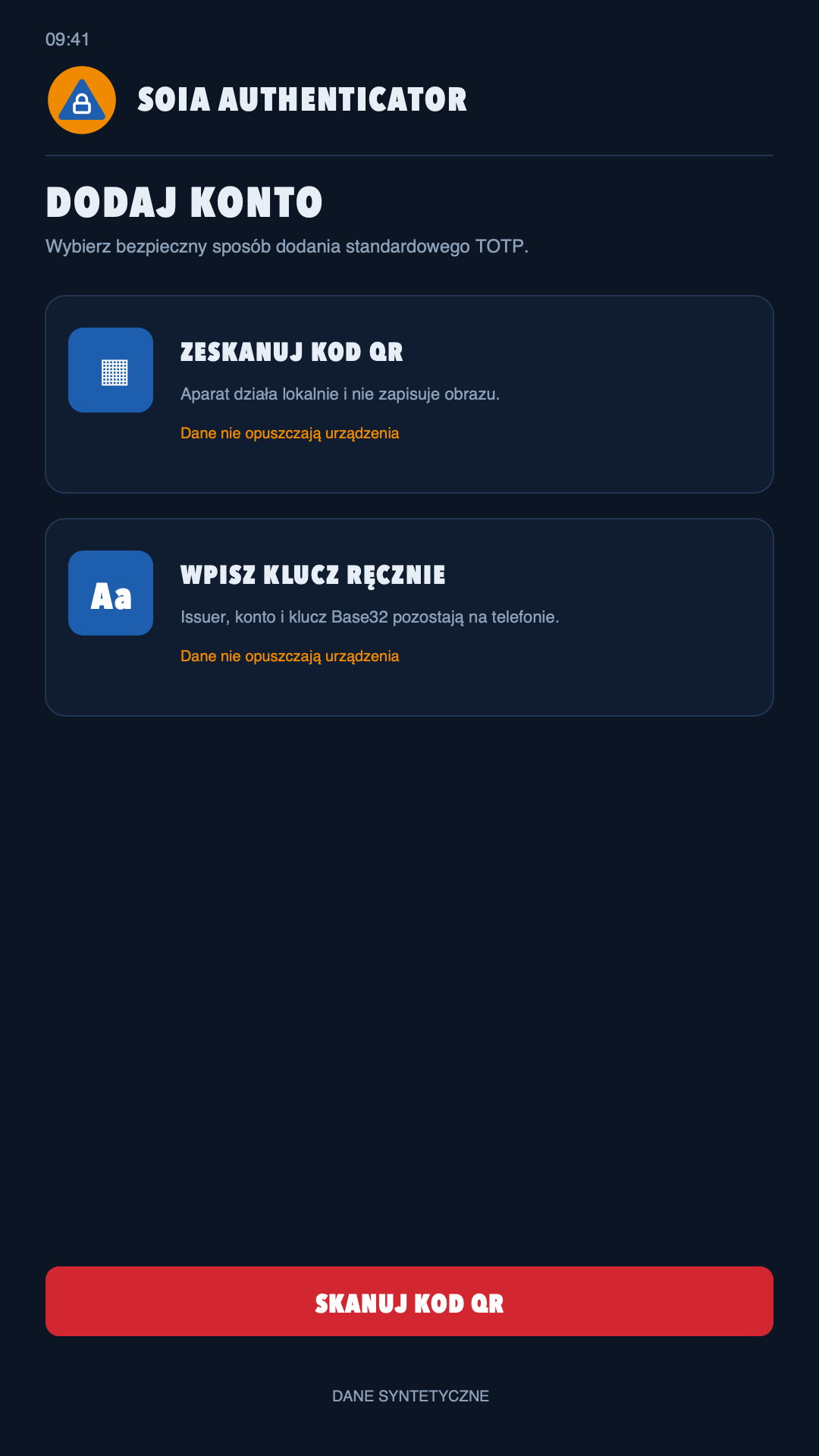 Wybór dodania konta przez kod QR lub klucz ręczny